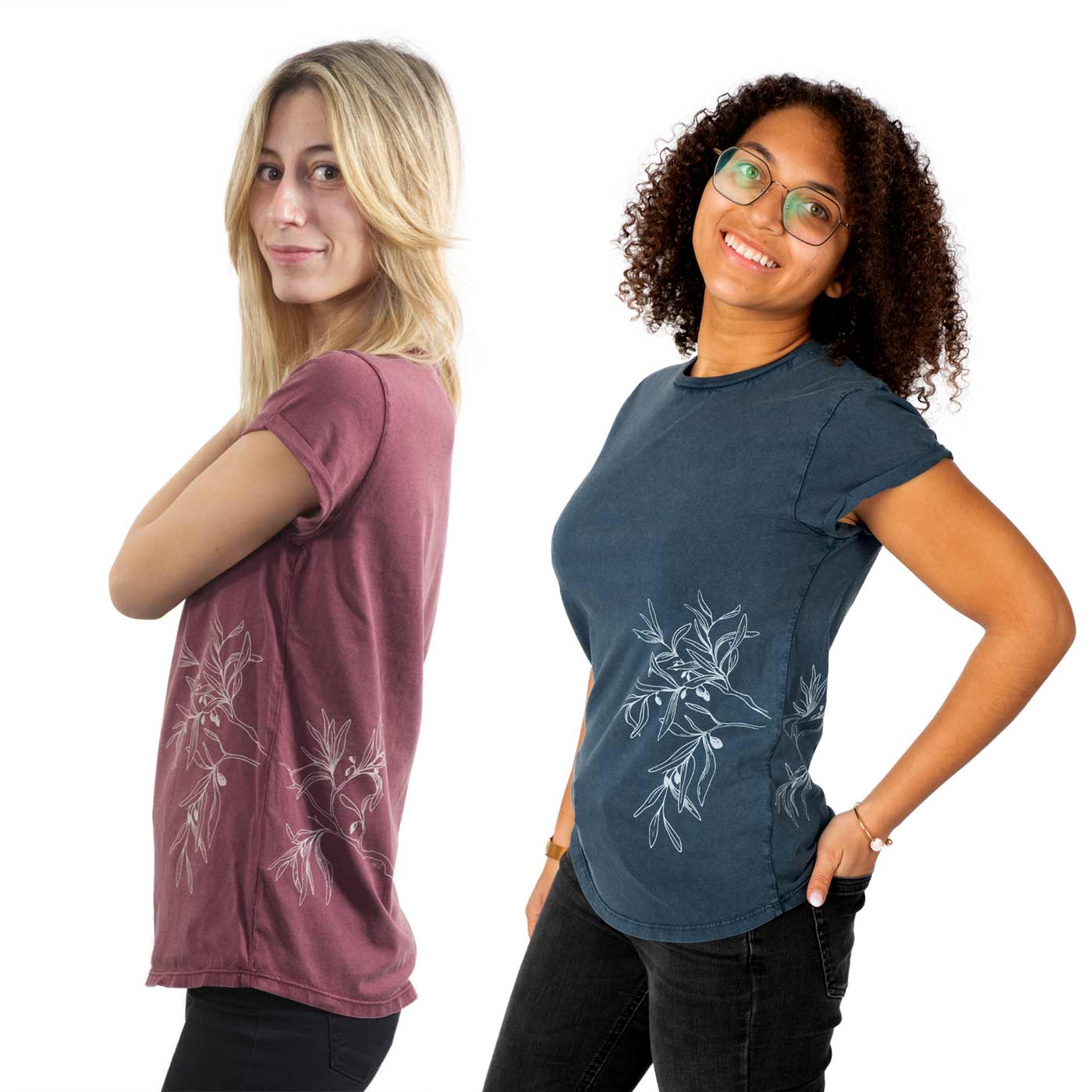 Two women are wearing T-shirts with the print "Olive Branch", one in burgundy and one in dark blue, both with white olive branch motifs on the sides.