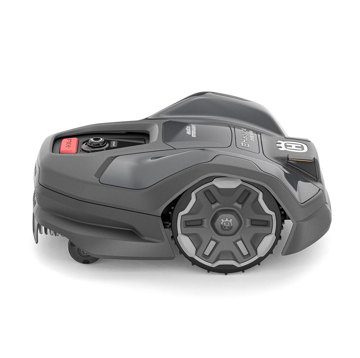 Grey Husqvarna 310E Nera robotic lawn mower from the side with visible wheels and Husqvarna logo