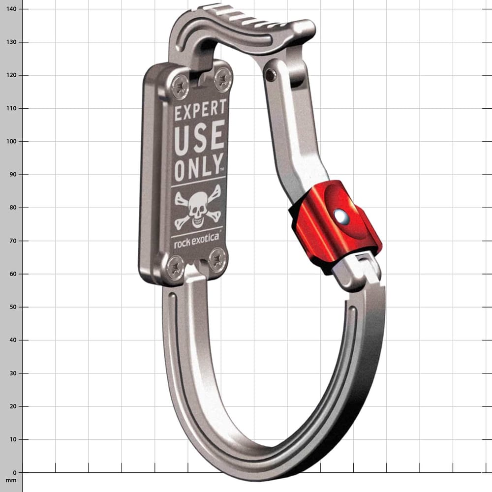 Carabiner with "EXPERT USE ONLY" print and skull, silver-coloured with red clasp, product name transPorter XL