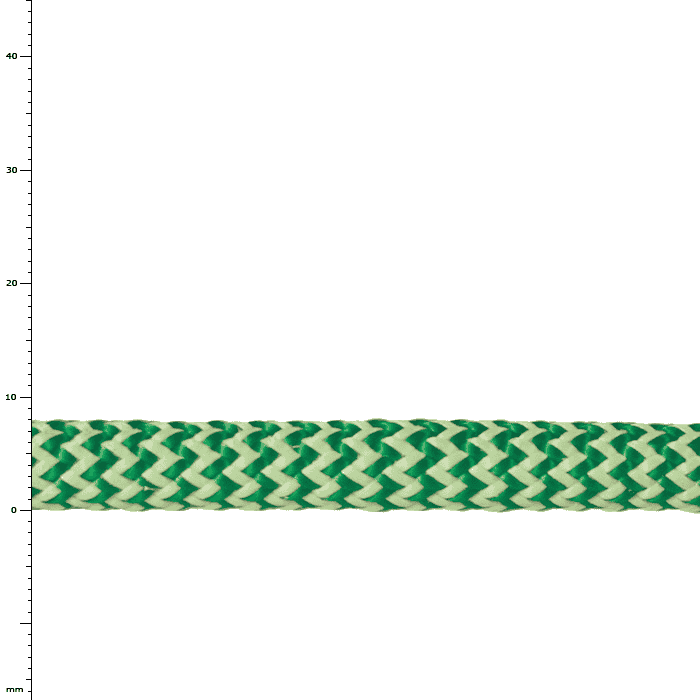 Ocean Sling 8, close-up of the green and white braided rope in front of a scale with millimeter indications