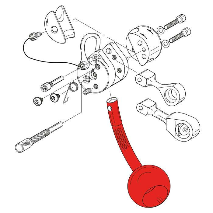 Technical drawing of the LockJack release handle in red with other black components and screws in an exploded view