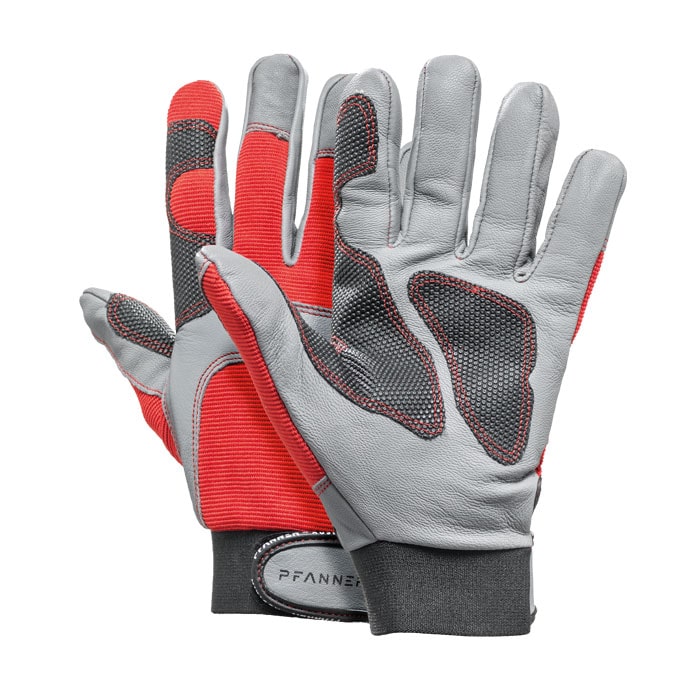 StretchFlex® Kepro work gloves in grey, red and black with black cuffs and Velcro fastener, manufacturer Pfanner