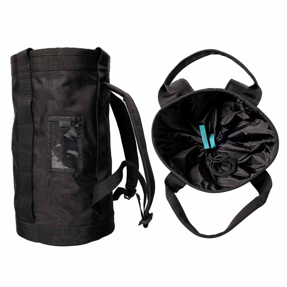 Pro 450 Bag, black pocket of notch with view of back and open interior with drawstring closure