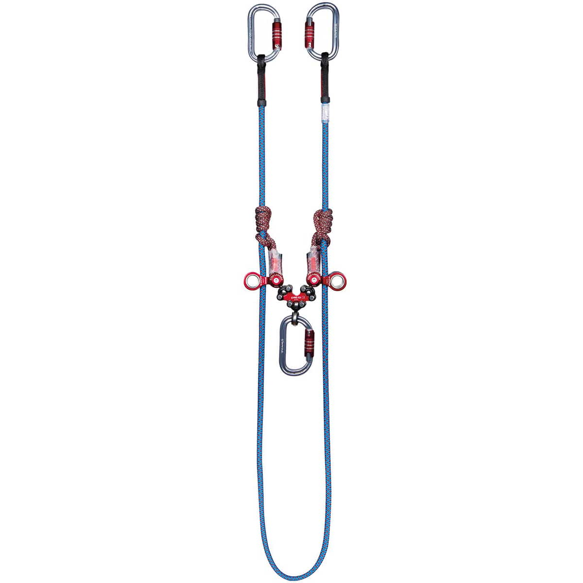 Gyro Lanyard Double, two blue and red climbing ropes with red metal rollers, black protective cover and grey carabiners with red closure