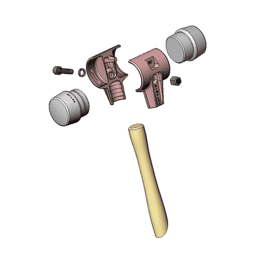 Exploded view of the Simplex soft-face hammer 370 with individual components such as handle, hammer head and impact surfaces