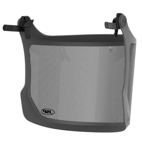 Evoguard M3 Forestry Visor with grey frame and black mesh fabric from the back with printed logo