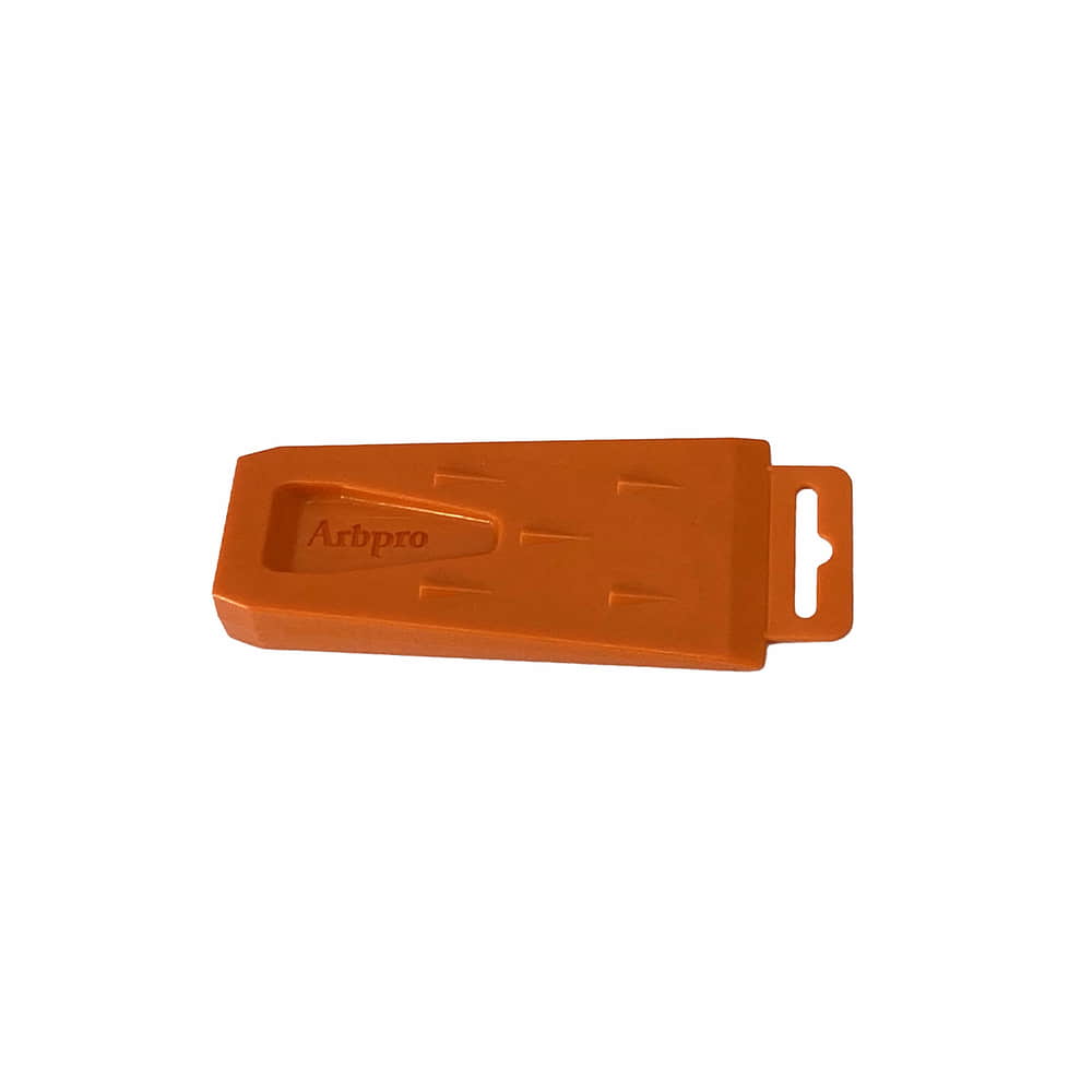 Orange ArbPro Felling Wedge 140 lying with grip hole against white background