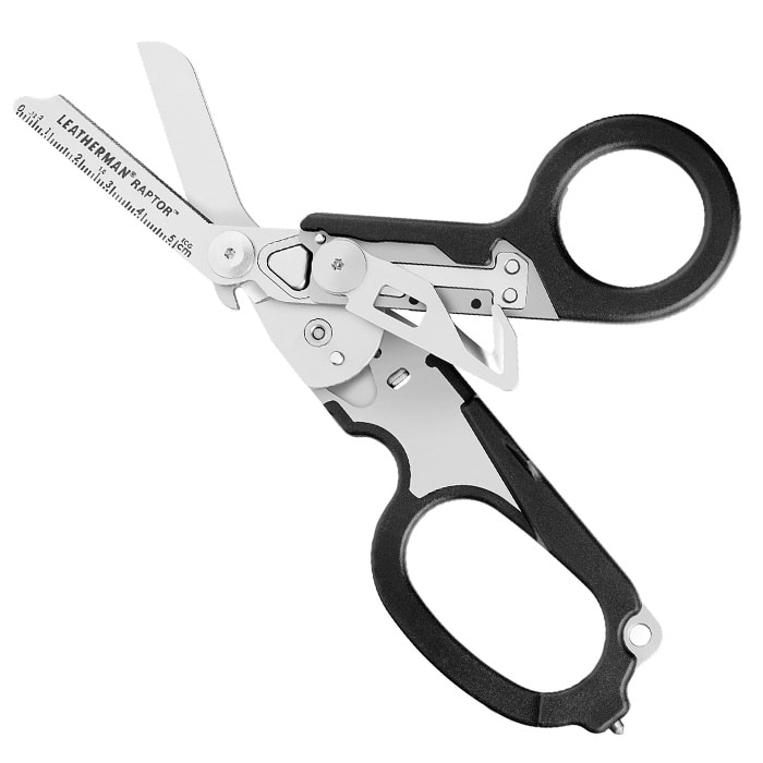 Leatherman Raptor rescue scissors with black handle and unfolded tools, including a blade with centimeter scale, made of metal and plastic