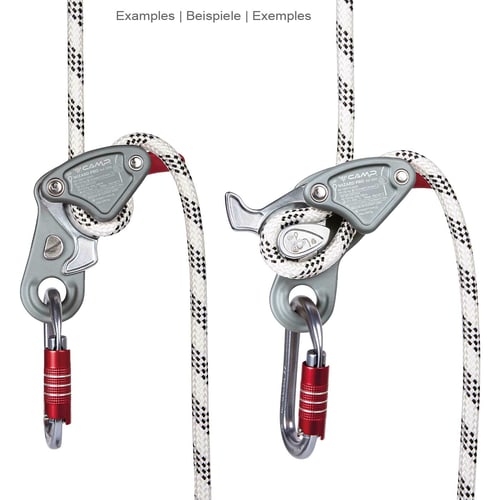Two climbing frames Wizard Pro from CAMP with white ropes and red carabiners attached to the equipment, example application