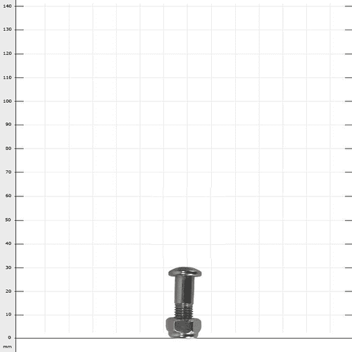 Helium screw set blade, single silver screw with nut against white background and grid dimension in millimeters