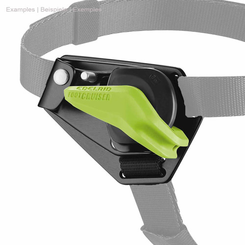 Foot Cruiser R locking lever from Edelrid in green and black attached to a grey strap