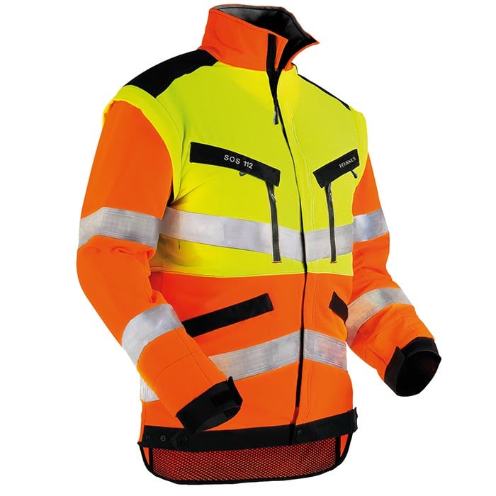 KlimaAIR® high-visibility jacket EN 20471 from the front in yellow and orange with black details, two zippered pockets on the chest with "SOS 112" and "7 FRANKEL" prints, reflective stripes on the arms and chest