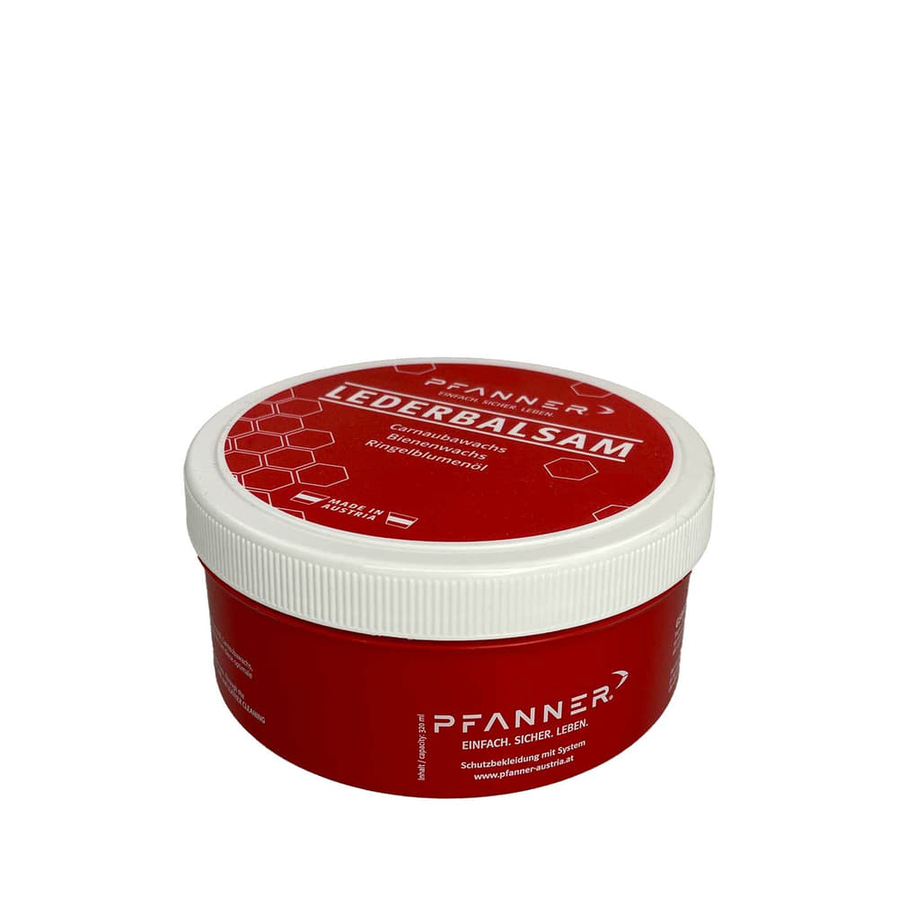Pfanner Organic Leather Balm in Red Round Plastic Container with White Screw Cap, Inscription Leather Balm and Ingredients, Made in Austria