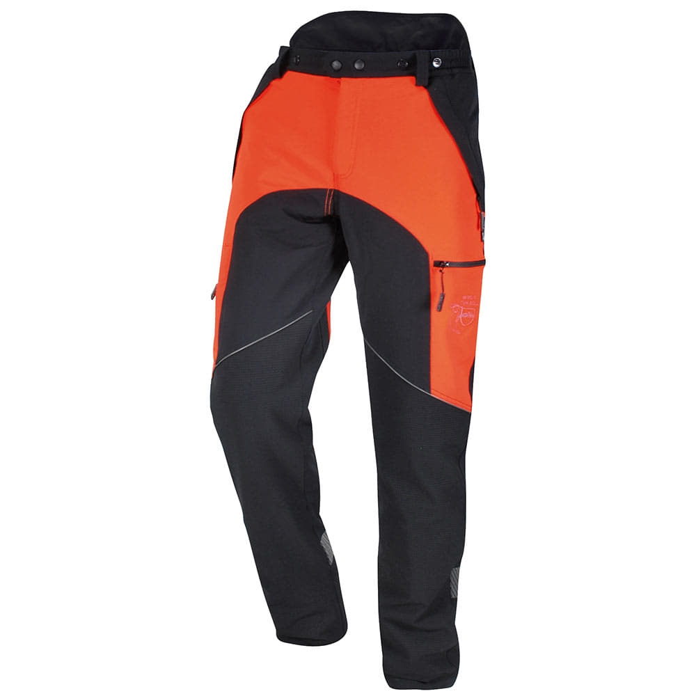 Hermes trousers in black and orange with multiple pockets and buttons, visible at the front