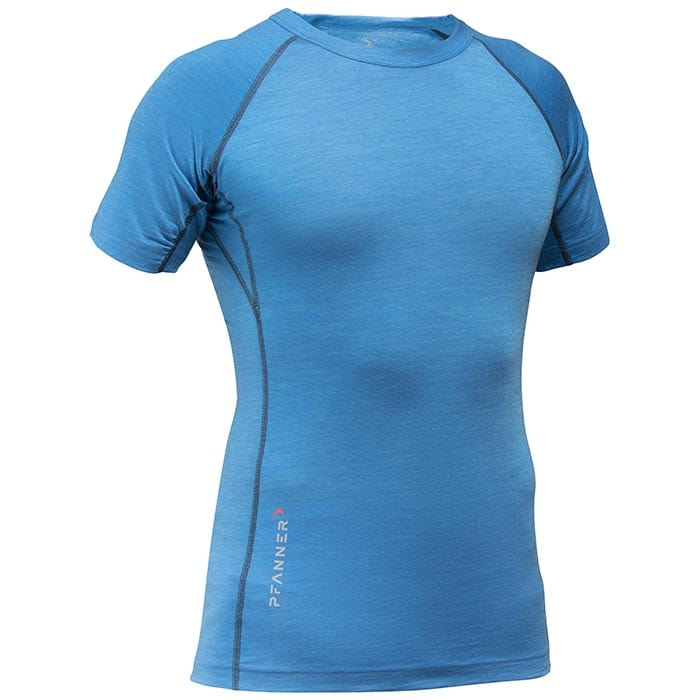 Merino-Tencel shirt in blue with short sleeves and round neck, manufacturer Pfanner visible on the lower left edge