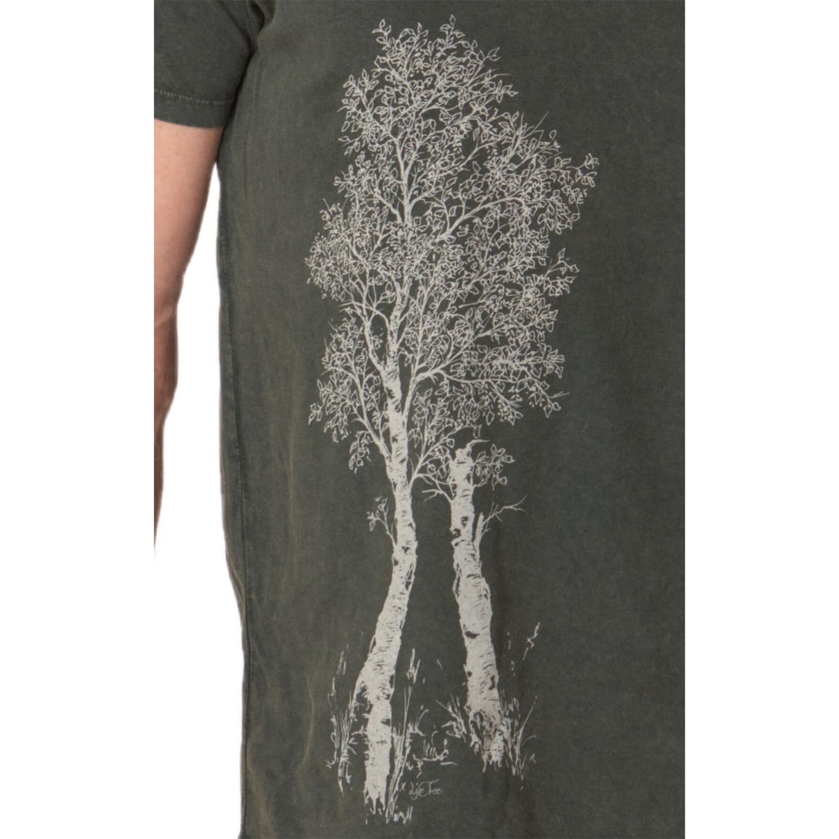 Detail of the white tree motif on the olive green Birch Tree T-shirt