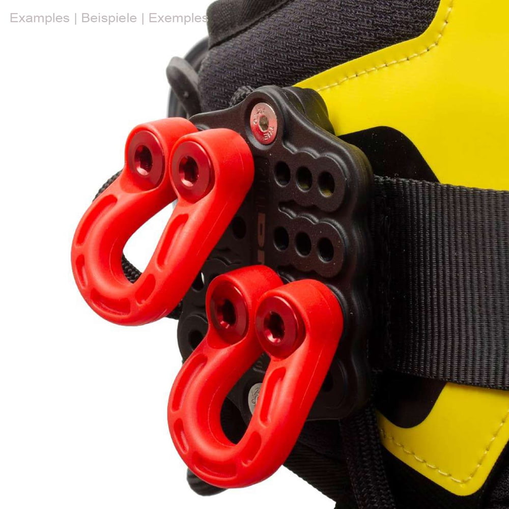 Stowaway Small Red Plastic Hooks Attached to Black and Yellow Gear Piece with Black Strap, Product Name Visible