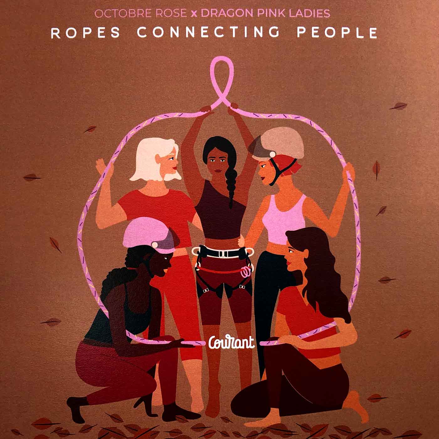 Illustration of five women holding a pink rope in the shape of a bow with the text "Octobre Rose x Dragon Pink Ladies Ropes Connecting People" and the logo "Courant" at the bottom center