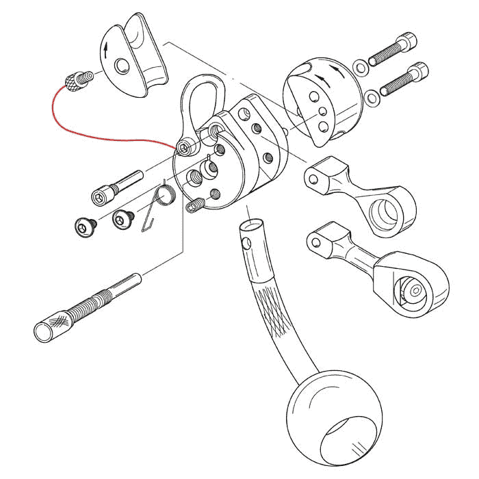 Technical drawing of a mechanical component with several individual parts, including screws, levers and a red thread, no manufacturer visible