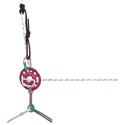 Rigging Hub 175, purple round disc with multiple holes to which several ropes and carabiners are attached, on white background