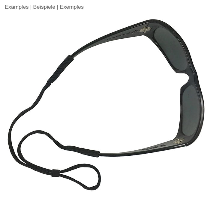 Black sunglasses with eyeglass strap, no manufacturer's specs, top view with visible eyeglass strap