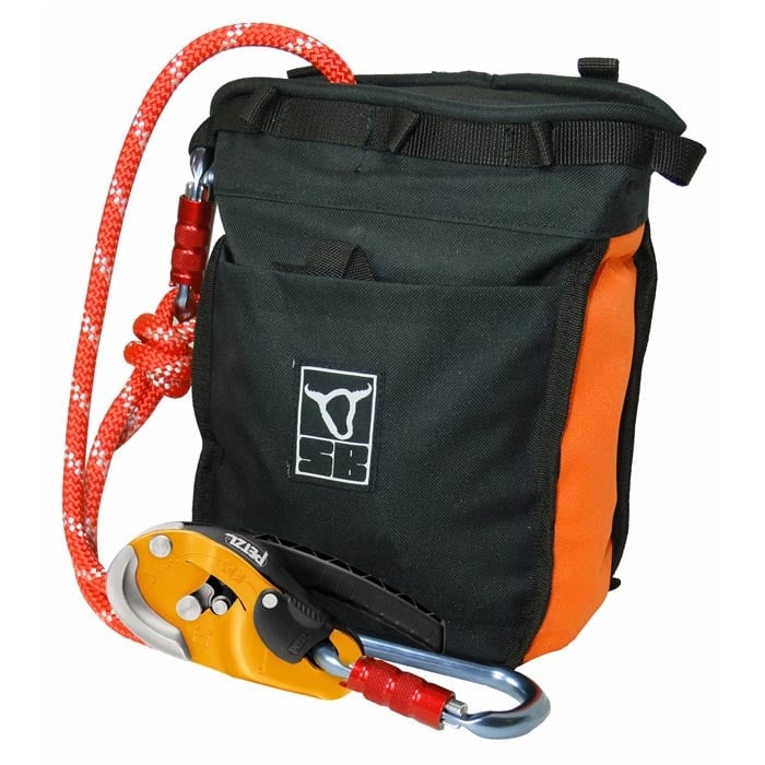 Rescue Rig Static Bag in Black and Orange with Red Rope and Yellow and Black Carabiner