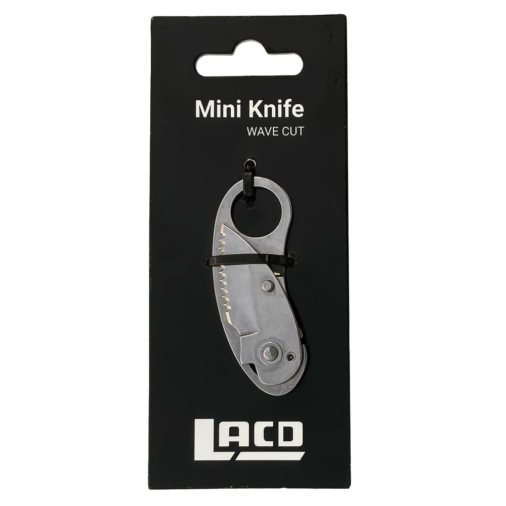 Mini Knife Wave Cut Metal Folding Knife on Black Packaging with White LACD Logo