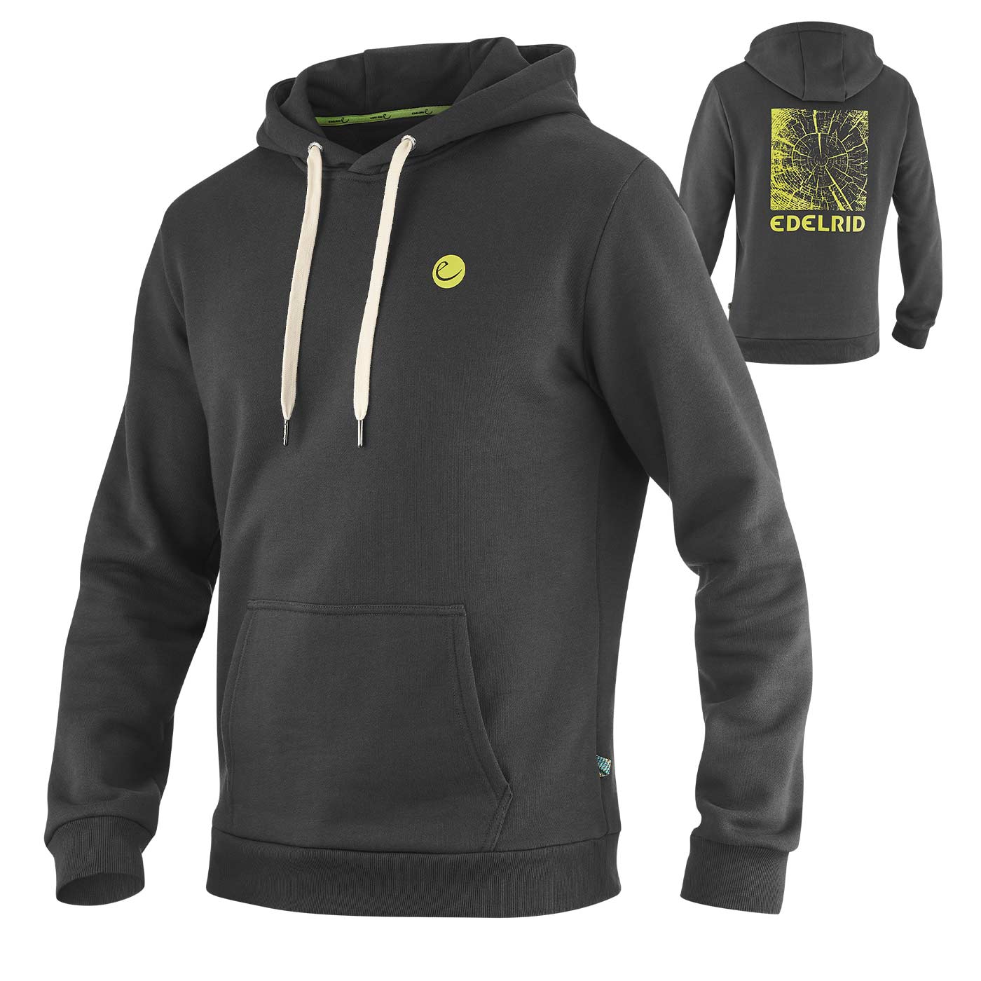 Dark grey grounder hoodie with hood and white cords on the front and back with large yellow tree trunk print and lettering EDELRID