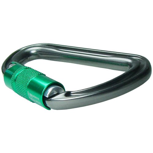 Shadow carabiner with green screw cap, manufacturer DMM, type not visible lying against white background