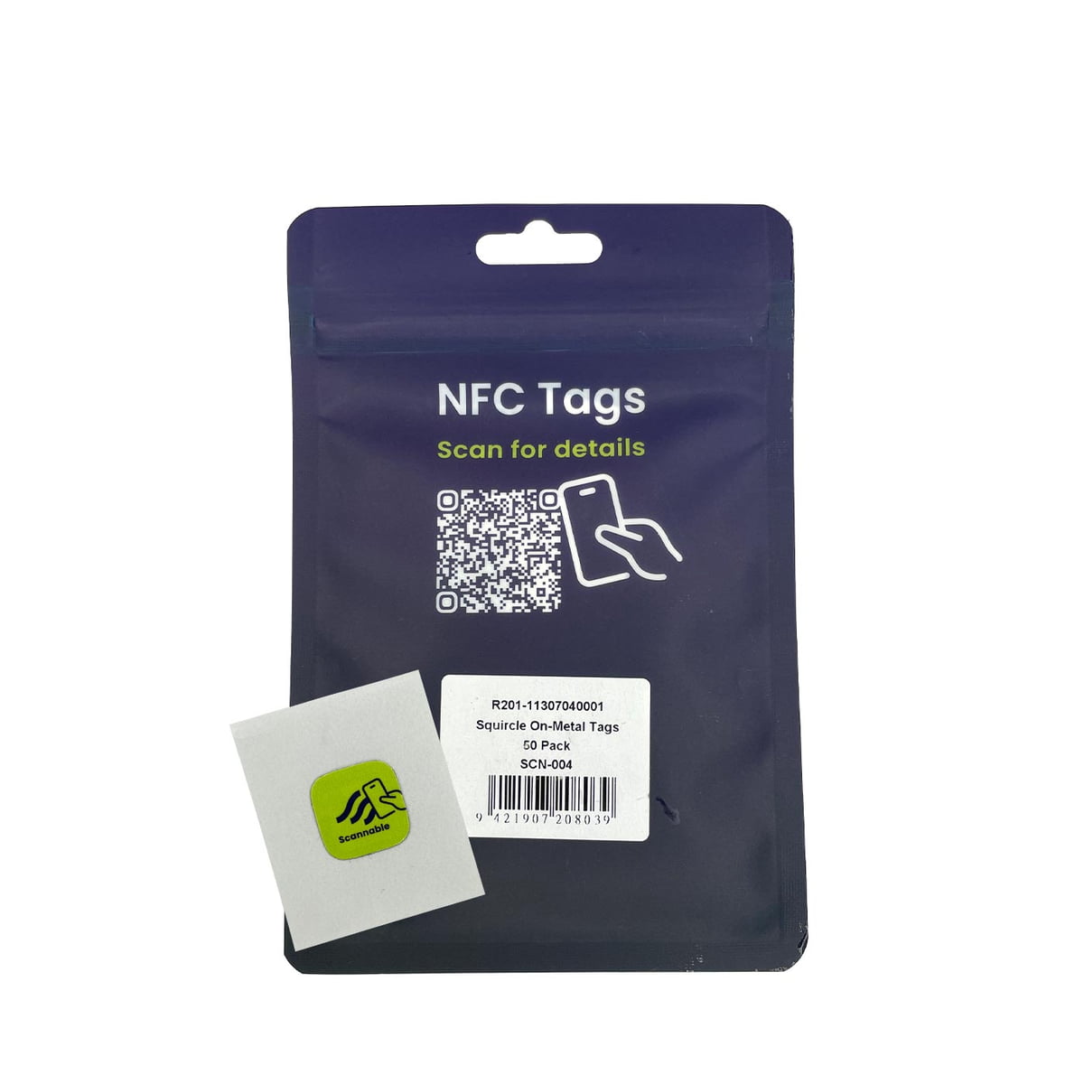 Back of the blue packaging with the inscription "NFC Tags Scan for details", QR code, barcode and a single green on-metal sticker NFC Tag from Scannable