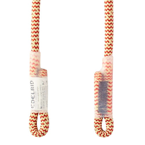 Close-up of the loop ends of the Tibor Open rope from Edelrid, left with manufacturer's label, right with grey protective cover