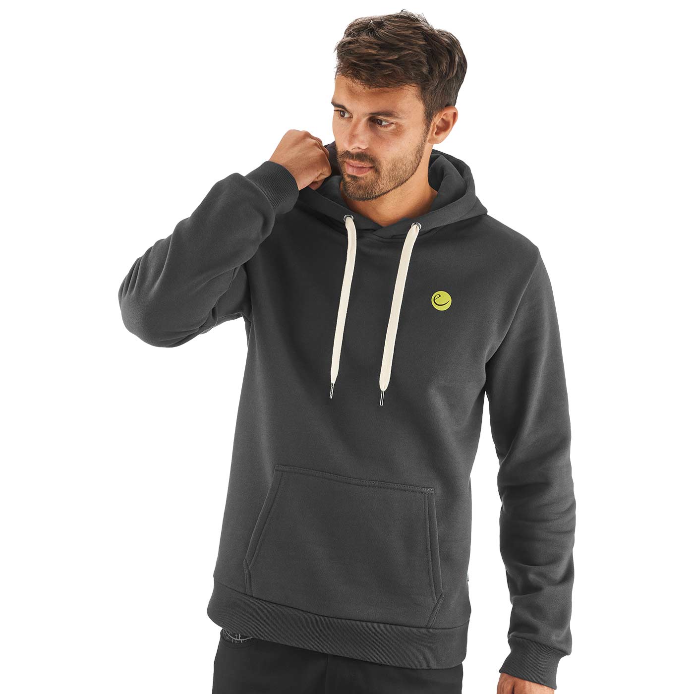 Man wearing dark gray grounder hoodie with hood and white cords, he touches the hood