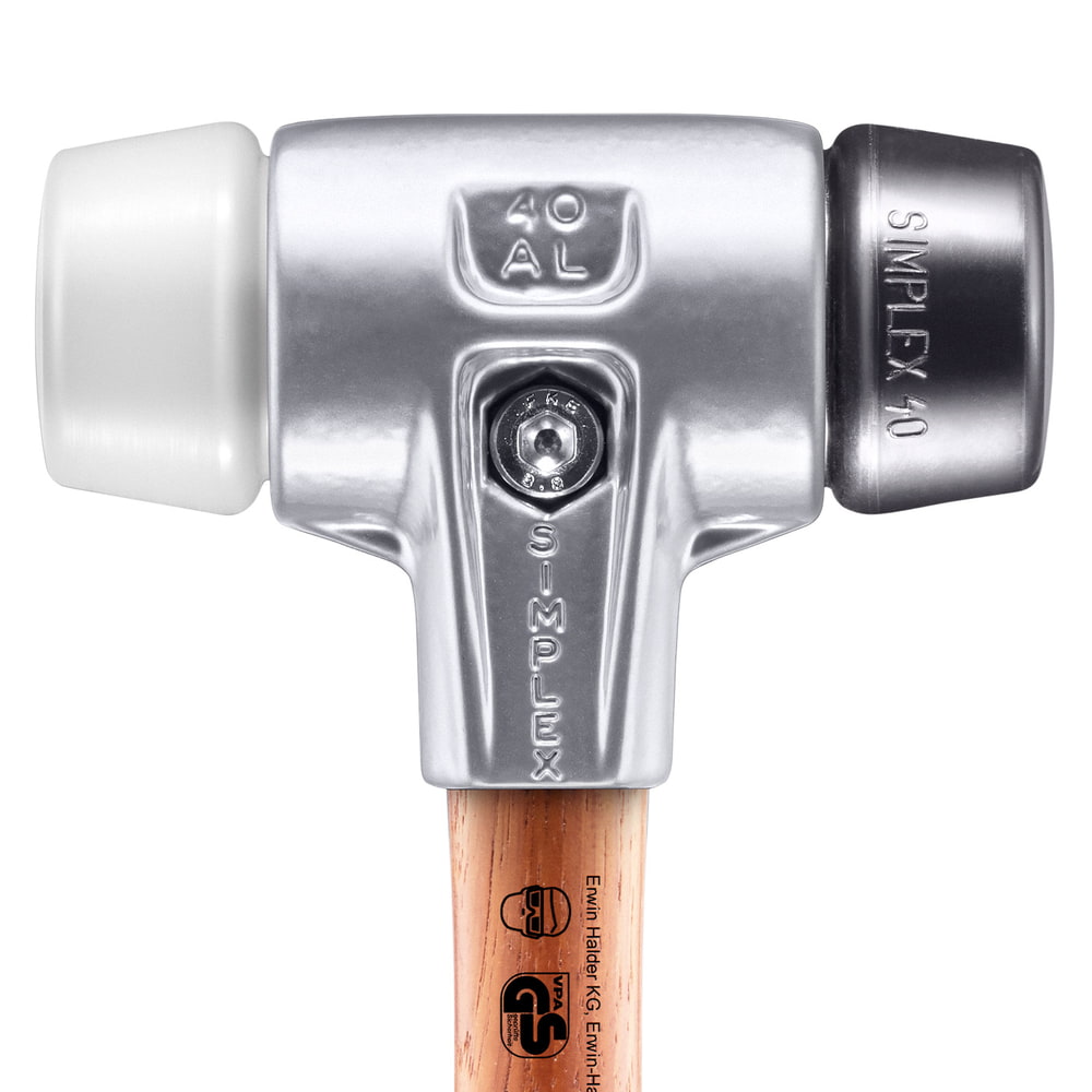 Close-up of the silver hammer head of the Simplex soft-face hammer 370 with the embossing SIMPLEX 40 and wooden handle