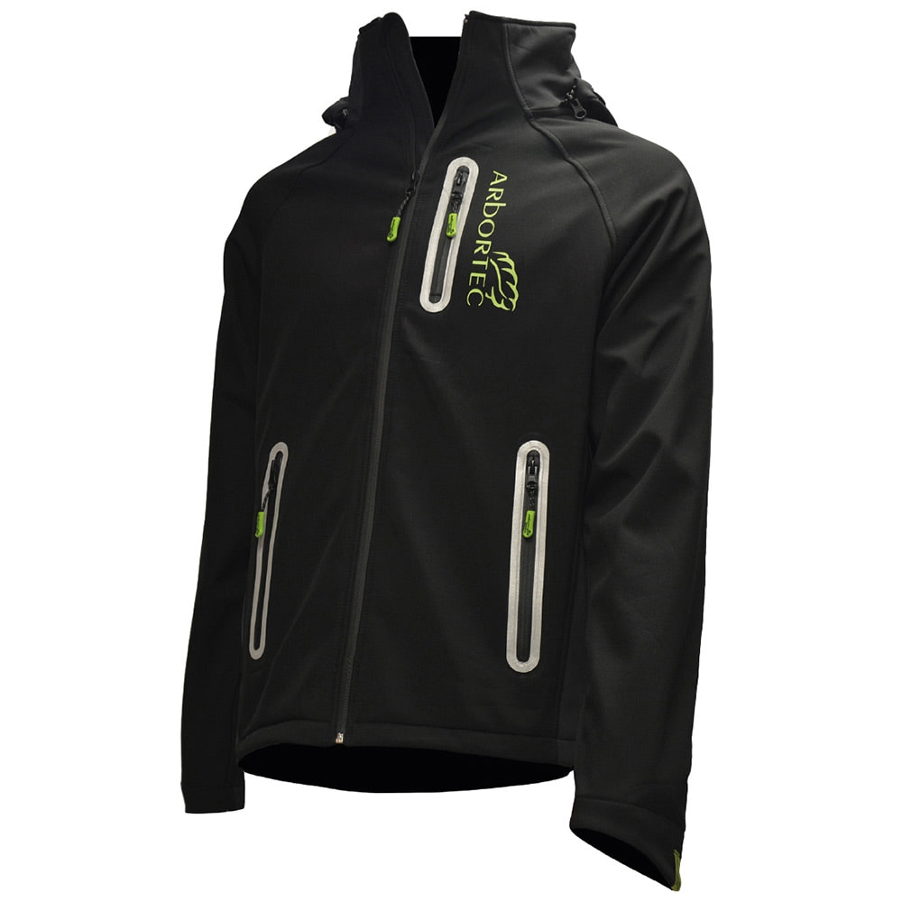 Black Caiman jacket by Arbortec with three zippered pockets and green logo on the chest