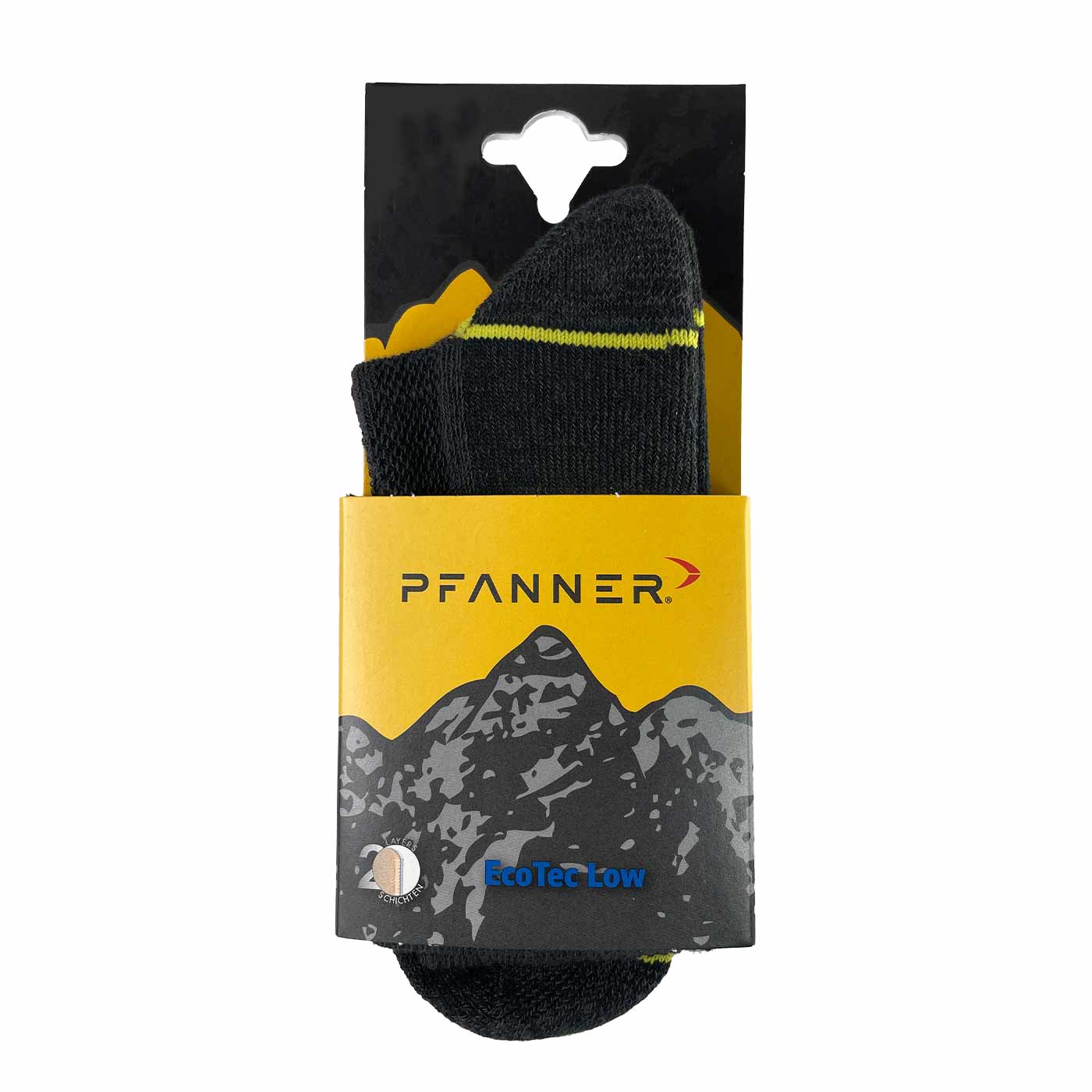 Packaged black sock with yellow and grey elements, manufacturer Pfanner and product name EcoTec Low visible