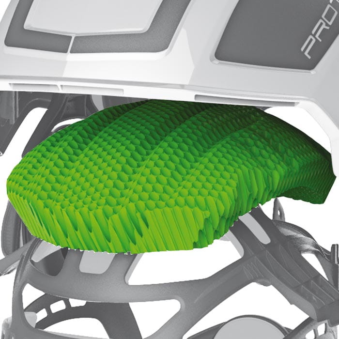 PROTOS Climber helmet in white with green, honeycomb-shaped insert pad inside