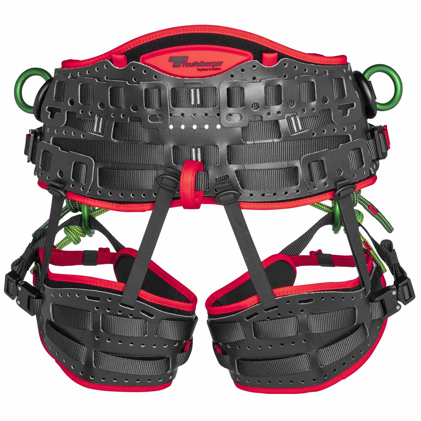 Rear view of the treeMOTION Pro X climbing harness with black plastic, red padding and green metal rings, manufacturer Trufilanger