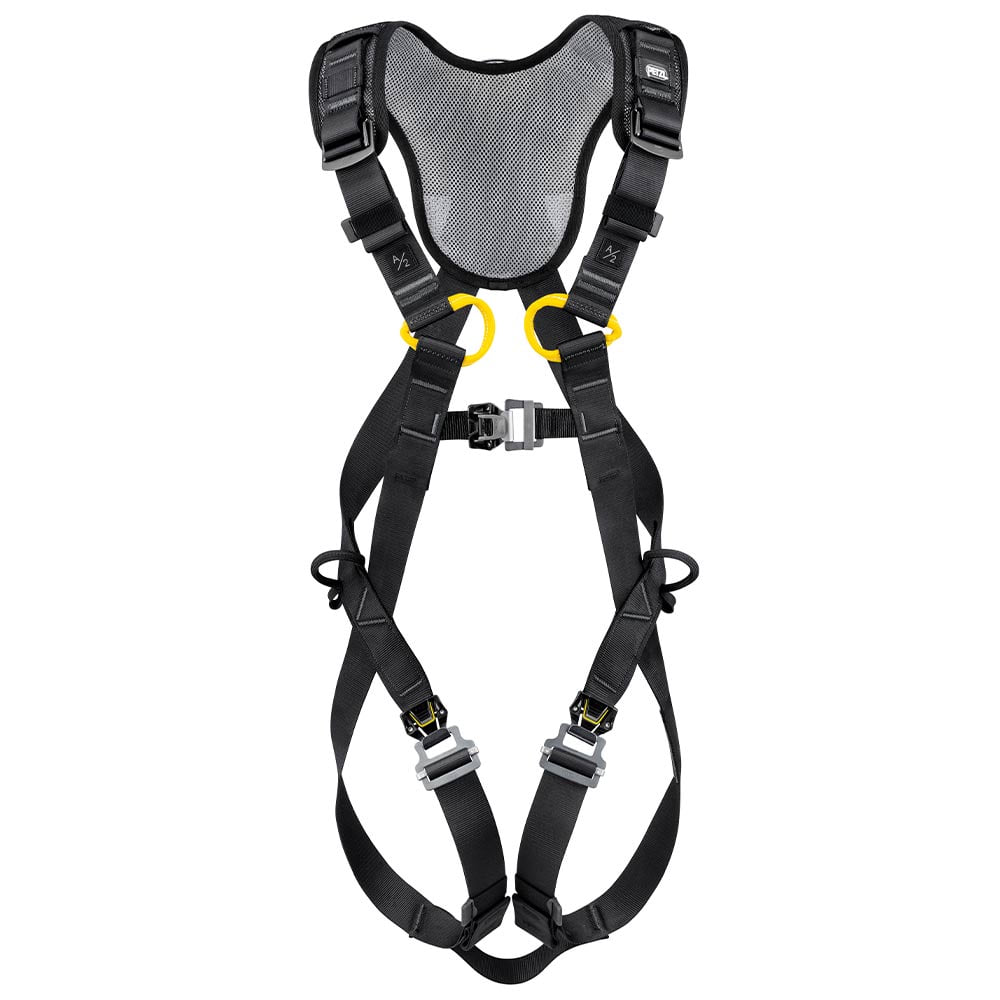 Newton Fast harness with black straps, yellow rings and grey buckles, visible without manufacturer's logo
