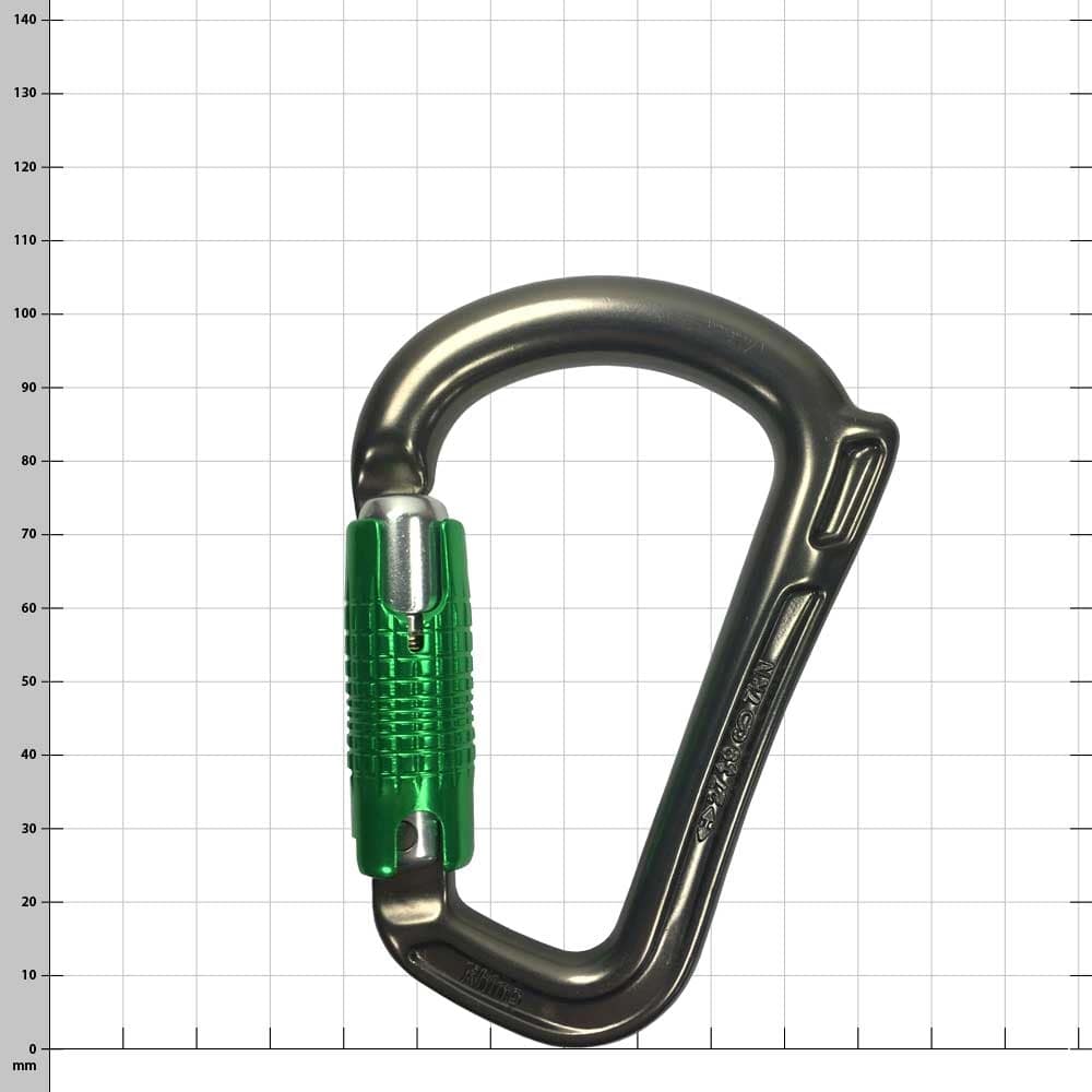 Rhino carabiner with green clasp mechanism on checkered background
