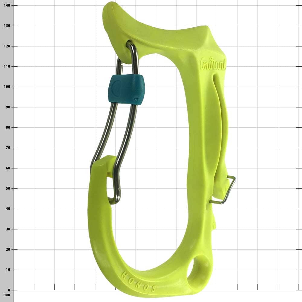 Honos L, yellow carabiner with blue clasp, side view, visible embossing "Courant" and "Honos"