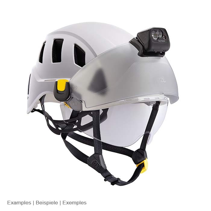 White PETZL Strato Vent helmet with clear face shield and mounted headlamp