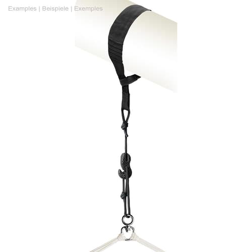 Black TreeMount Seat strap with knot and hook, attached to a white tube