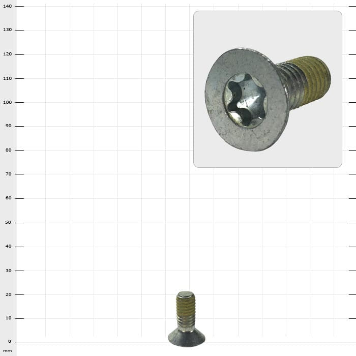 Distel countersunk head Torx M8x20 screw with countersunk head and Torx drive, manufacturer Distel, size M8x20, shown in front of a checkered background with an enlarged view of the screw head at the top right