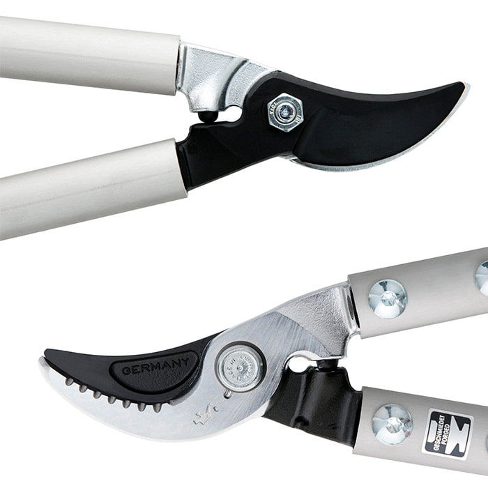 Detail of the blade and joint of the Berger 4210 secateurs with silver handles and black blades