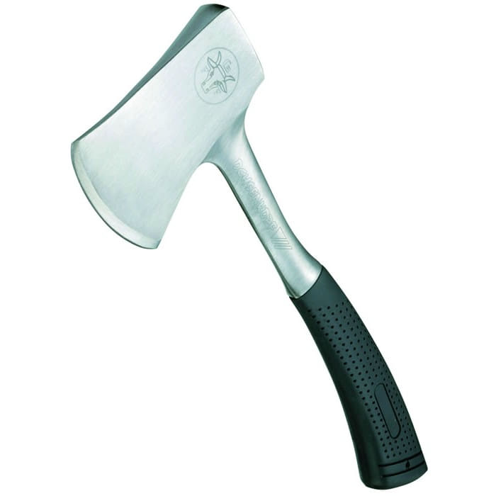 All-steel axe 350 with black handle and silver blade engraved with an oxhead logo