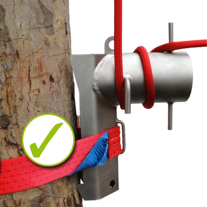 MiniBollard, grey metal device on a tree with red belt and red rope, green tick symbol at the bottom left