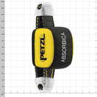 Absorbica by Petzl in yellow and black, squarely upholstered with white Petzl and Absorbica lettering, on a grid background with two grey plastic eyelets at the ends