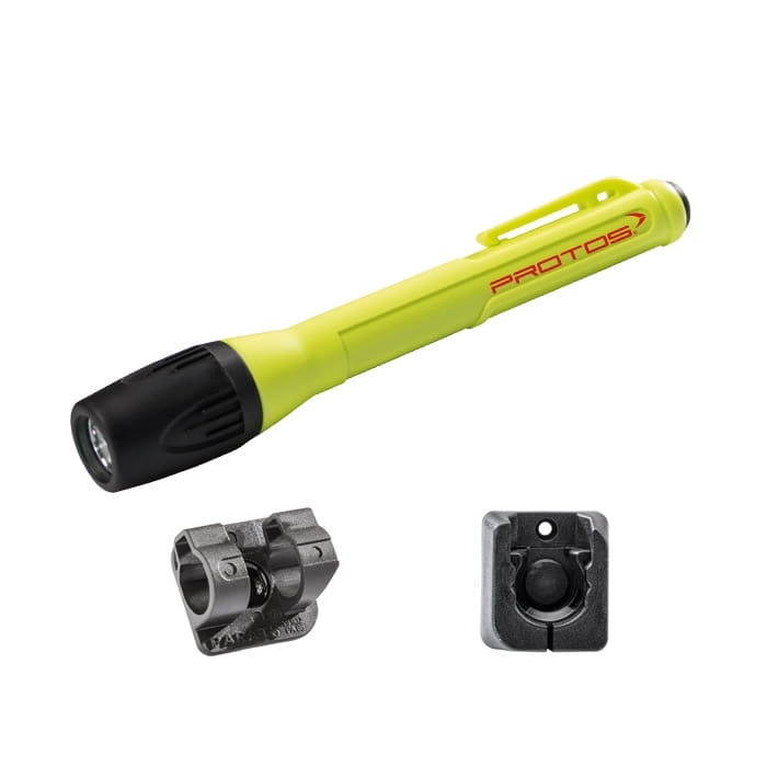 PROTOS® Maclip Light Mini L yellow pen lamp with black tip and red PROTOS logo, plus two grey metal brackets