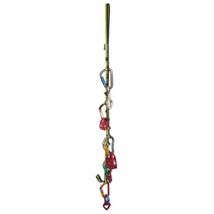 Daisy Chain, black and yellow striped ribbon with multiple loops to which various colorful carabiners and pulleys are attached, product name visible