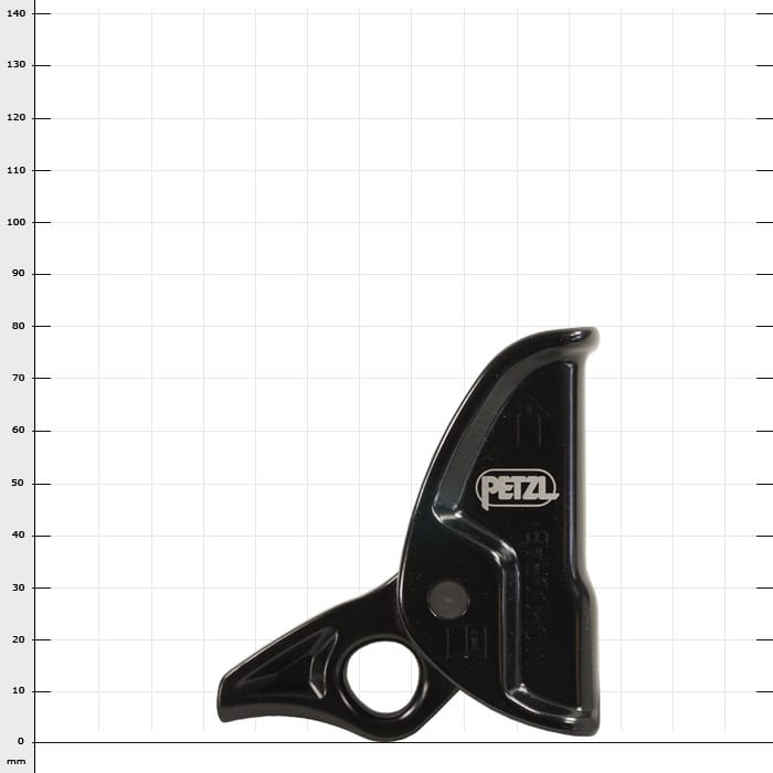 Micrograb by Petzl, Black Climbing Frame with Round Handle and Up Arrow on White Grid Background